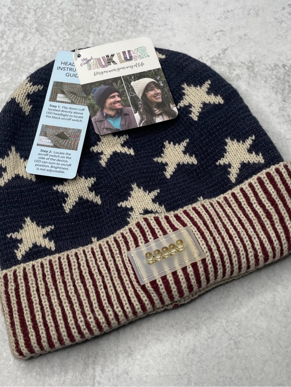 MUK LUKS WOMEN'S Navy Star Red Stripe Americana Headlight Battery BEANIE HAT NWT